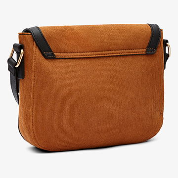 Back view product photography of a tan suede handbag displaying the clean leather stitching and rear panel structure.